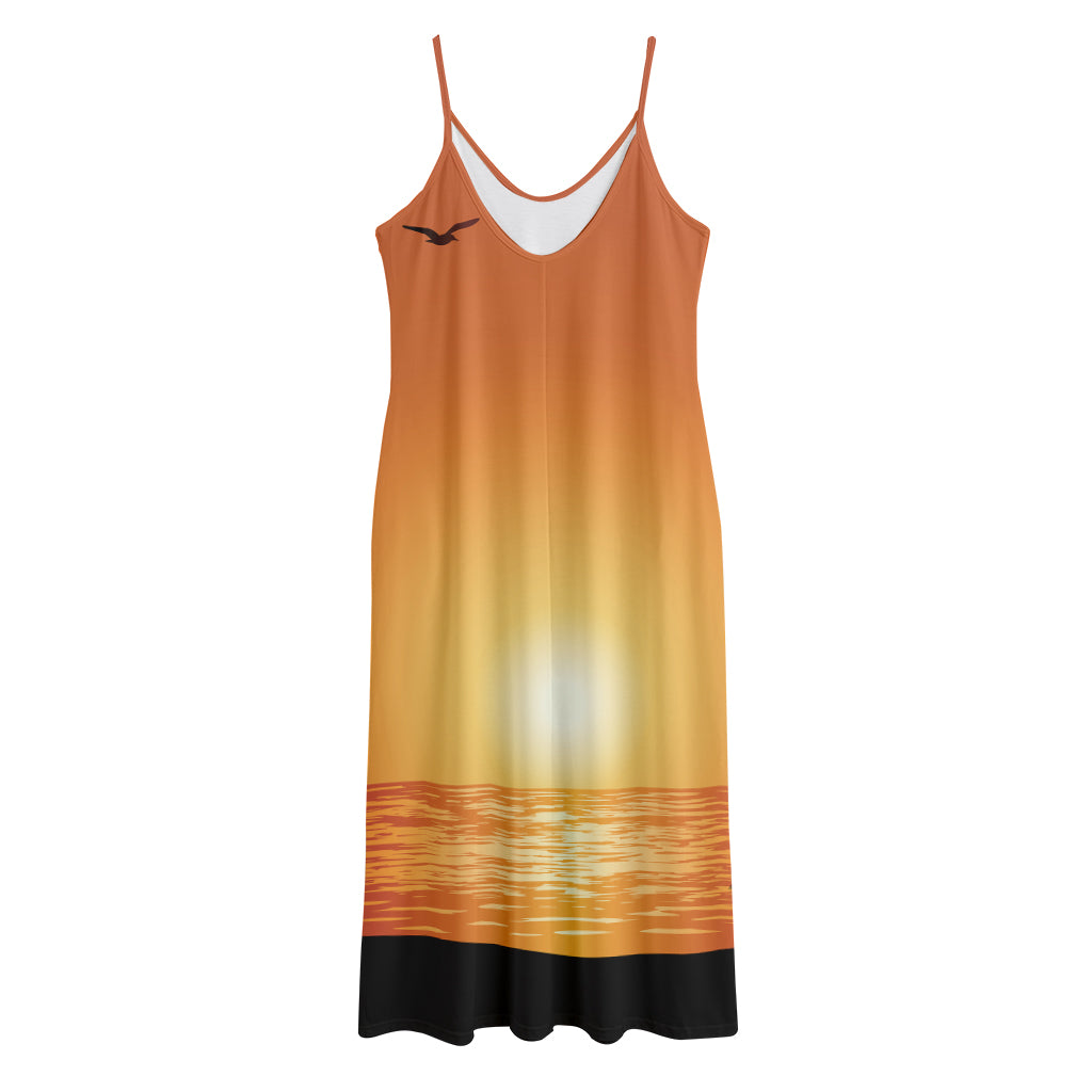 Palm Tree Beach Sunset Print Jersey Midi Cami Dress
