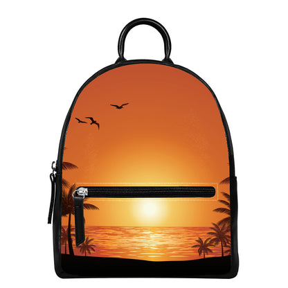 Palm Tree Beach Sunset Print Leather Backpack