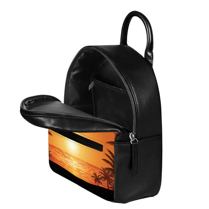 Palm Tree Beach Sunset Print Leather Backpack