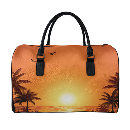 Palm Tree Beach Sunset Print Leather Duffle Bag