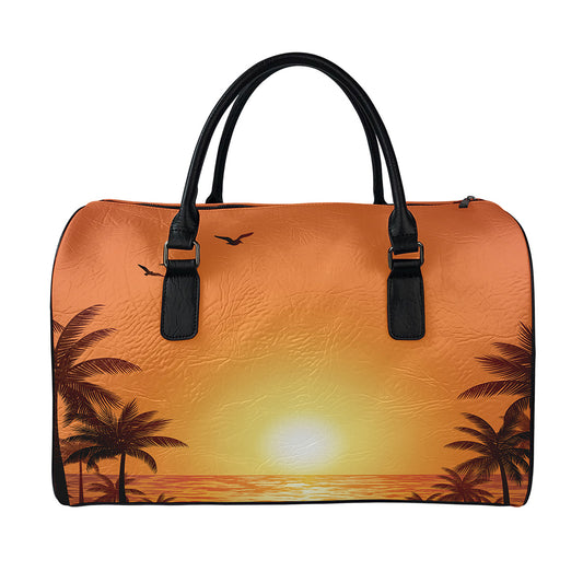 Palm Tree Beach Sunset Print Leather Duffle Bag