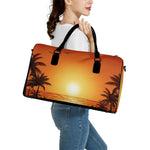 Palm Tree Beach Sunset Print Leather Duffle Bag
