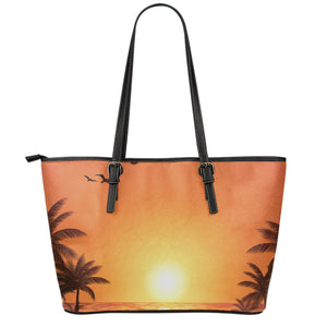 Palm Tree Beach Sunset Print Leather Tote Bag