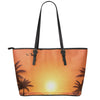 Palm Tree Beach Sunset Print Leather Tote Bag