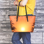 Palm Tree Beach Sunset Print Leather Tote Bag