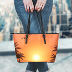 Palm Tree Beach Sunset Print Leather Tote Bag