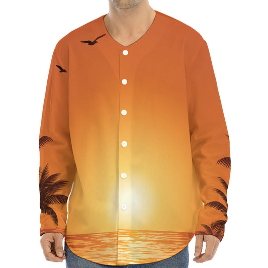 Palm Tree Beach Sunset Print Long Sleeve Baseball Jersey