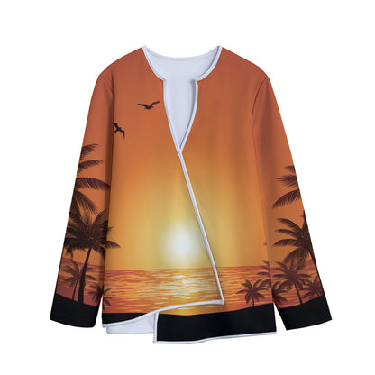Palm Tree Beach Sunset Print Long Sleeve Short Coat