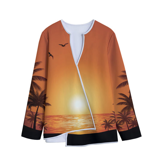 Palm Tree Beach Sunset Print Long Sleeve Short Coat