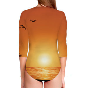 Palm Tree Beach Sunset Print Long Sleeve Swimsuit