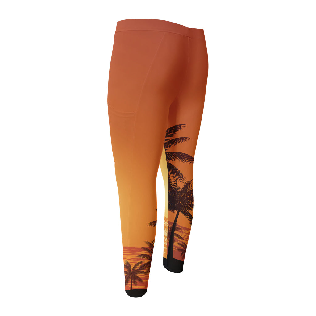 Palm Tree Beach Sunset Print Men's Compression Pants