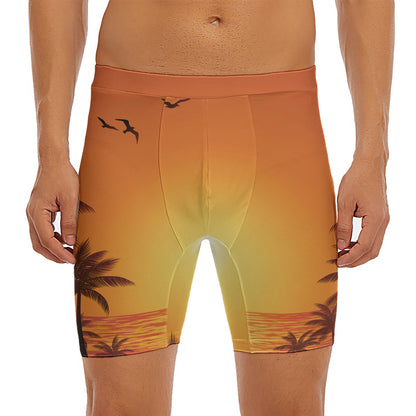 Palm Tree Beach Sunset Print Men's Long Boxer Briefs