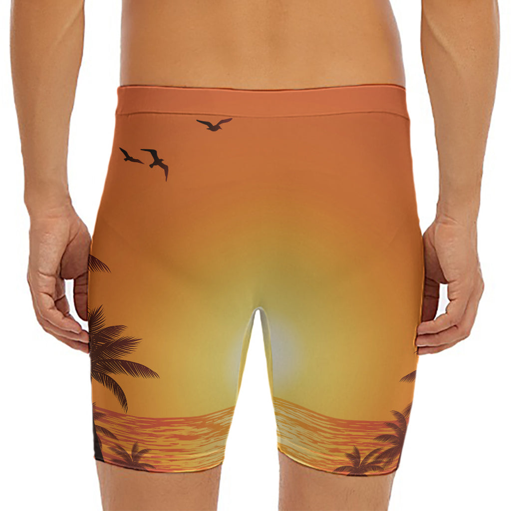 Palm Tree Beach Sunset Print Men's Long Boxer Briefs