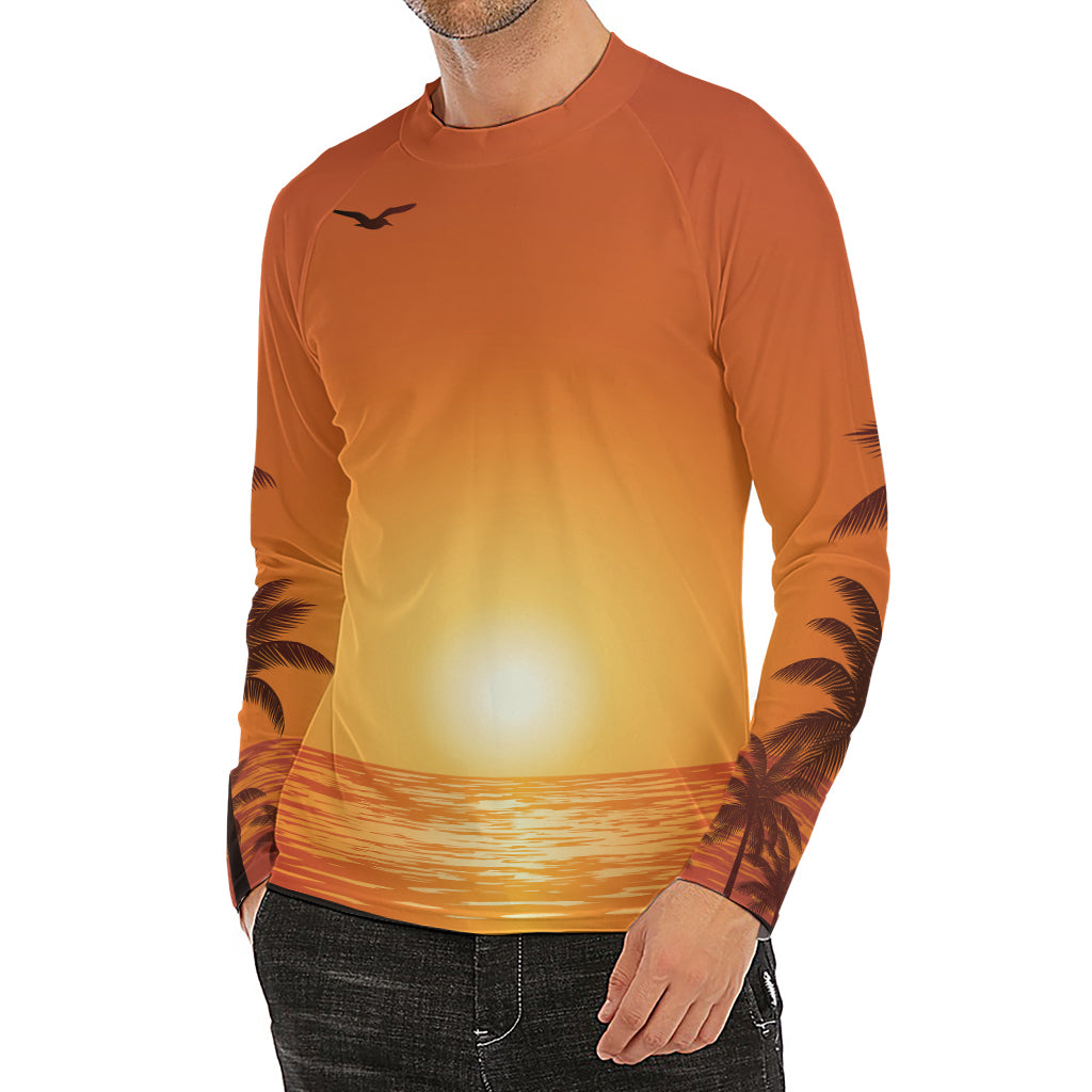 Palm Tree Beach Sunset Print Men's Long Sleeve Rash Guard