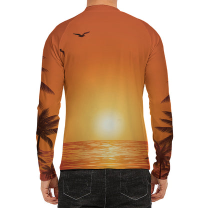 Palm Tree Beach Sunset Print Men's Long Sleeve Rash Guard