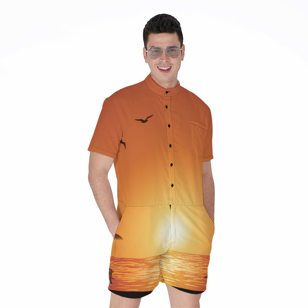 Palm Tree Beach Sunset Print Men's Rompers