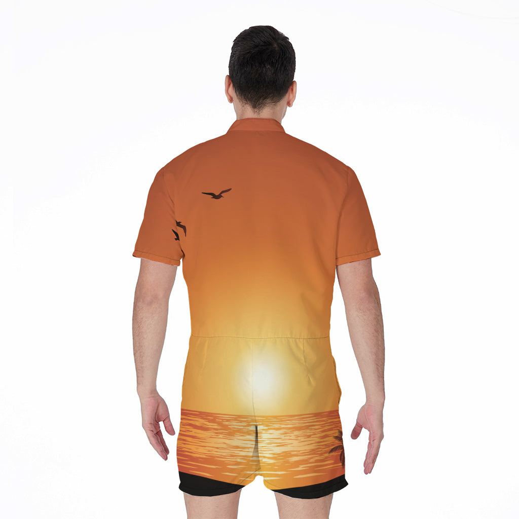 Palm Tree Beach Sunset Print Men's Rompers