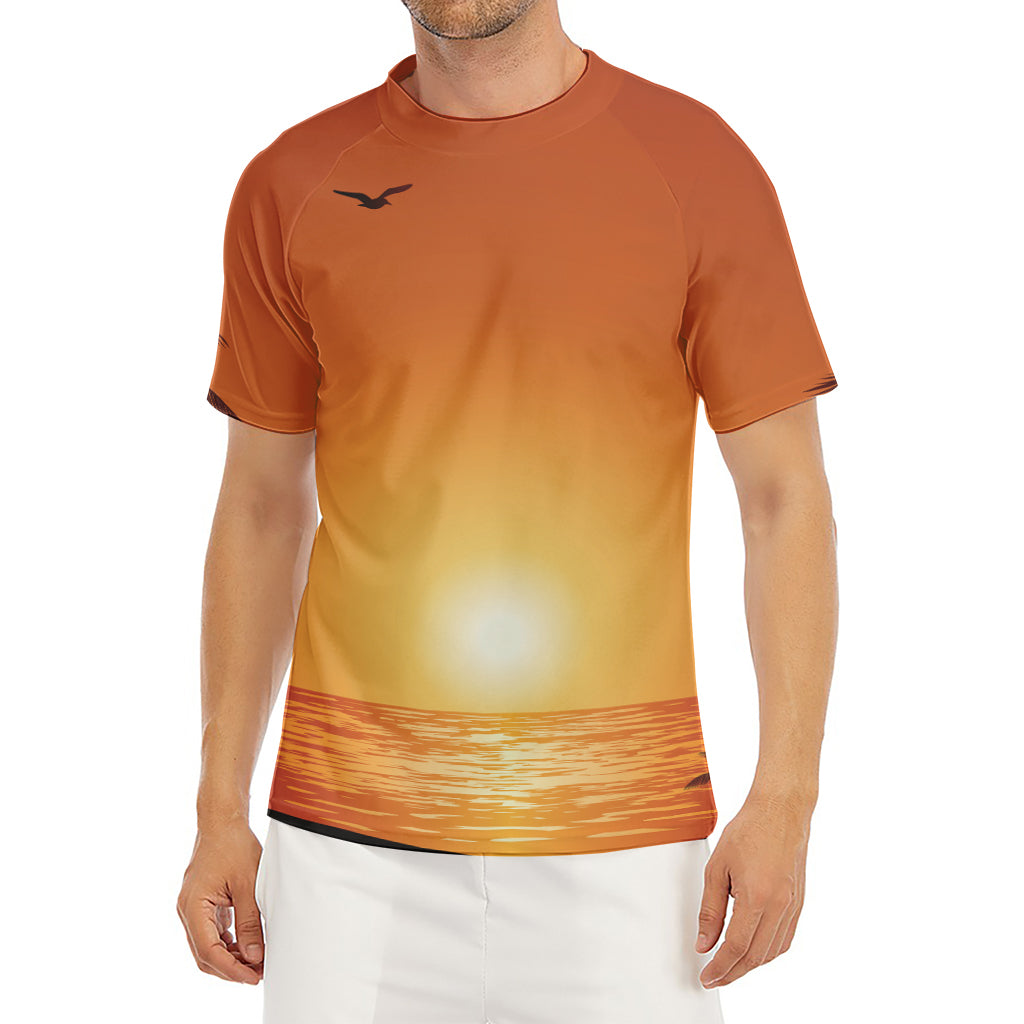 Palm Tree Beach Sunset Print Men's Short Sleeve Rash Guard