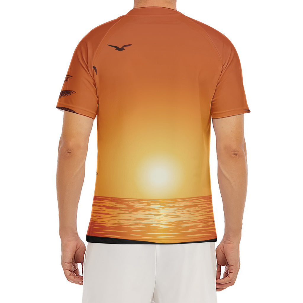 Palm Tree Beach Sunset Print Men's Short Sleeve Rash Guard