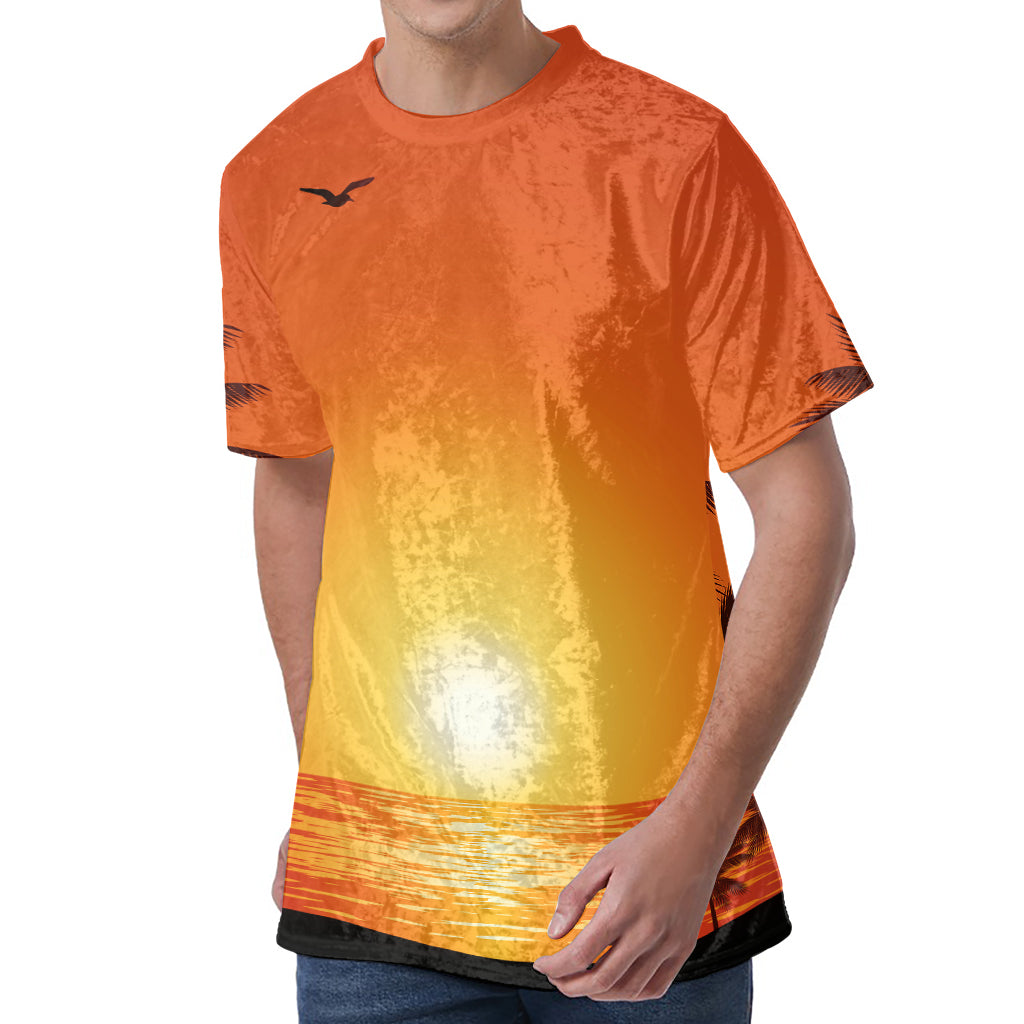 Palm Tree Beach Sunset Print Men's Velvet T-Shirt