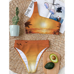 Palm Tree Beach Sunset Print One Shoulder Bikini Top