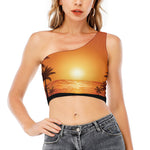 Palm Tree Beach Sunset Print One Shoulder Crop Top