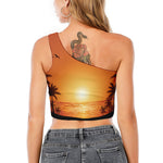 Palm Tree Beach Sunset Print One Shoulder Crop Top