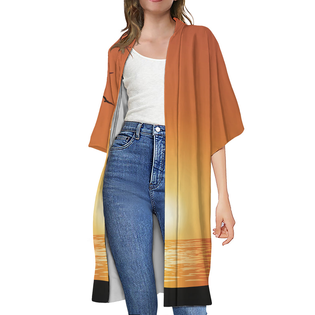 Palm Tree Beach Sunset Print Open Front Beach Cover Up