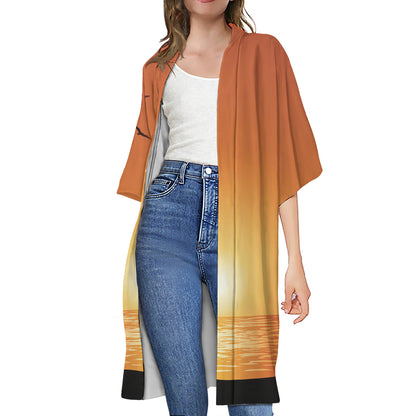 Palm Tree Beach Sunset Print Open Front Beach Cover Up