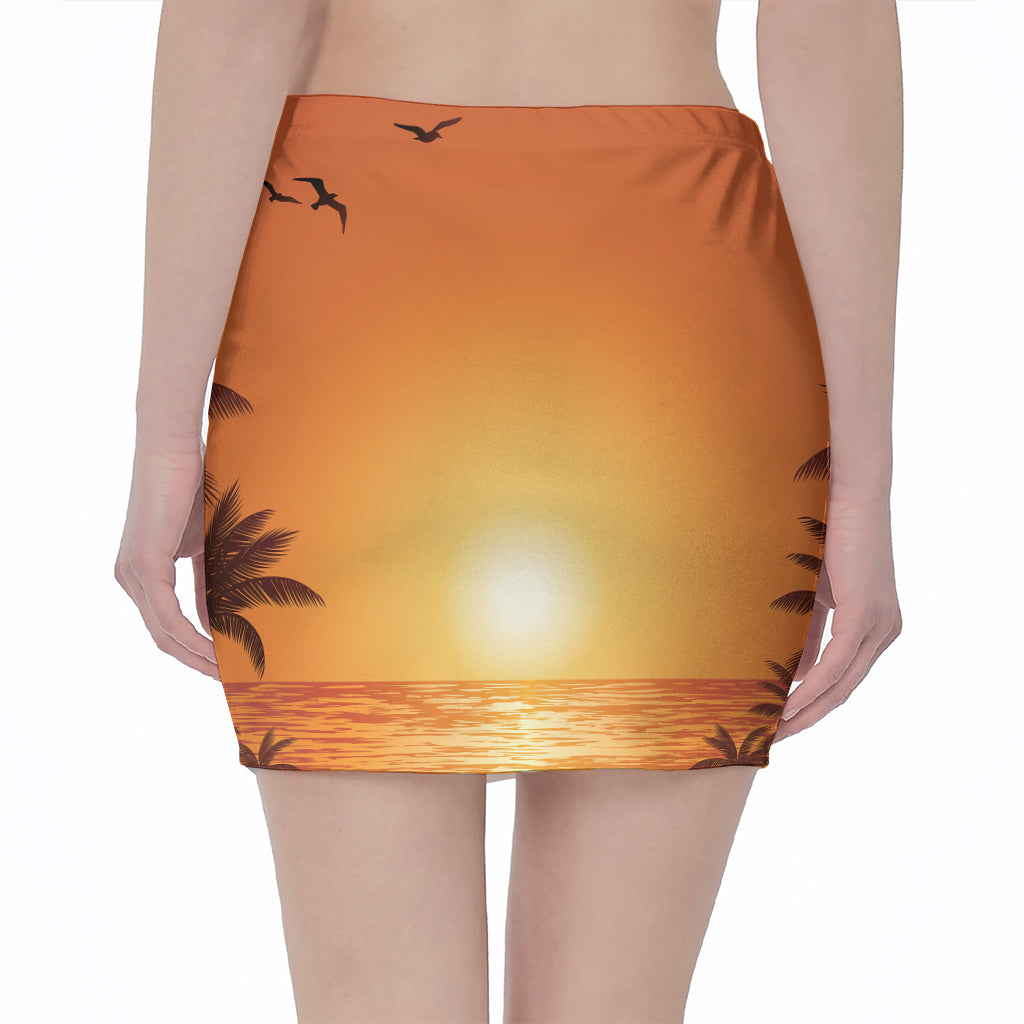 Palm Tree Beach Sunset Print Pencil Mini Skirt
