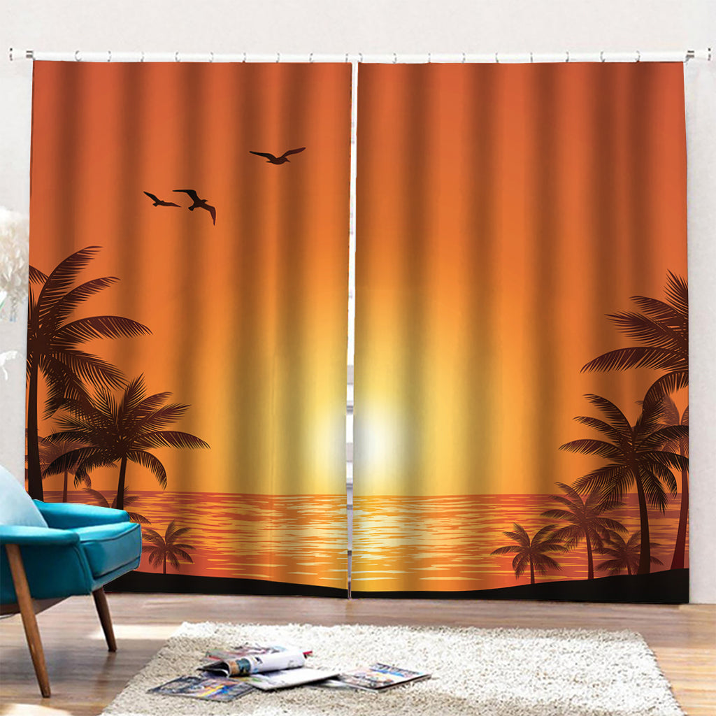 Palm Tree Beach Sunset Print Pencil Pleat Curtains