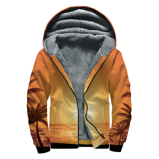 Palm Tree Beach Sunset Print Sherpa Lined Zip Up Hoodie