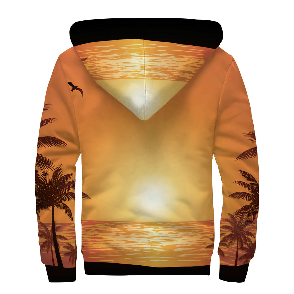 Palm Tree Beach Sunset Print Sherpa Lined Zip Up Hoodie