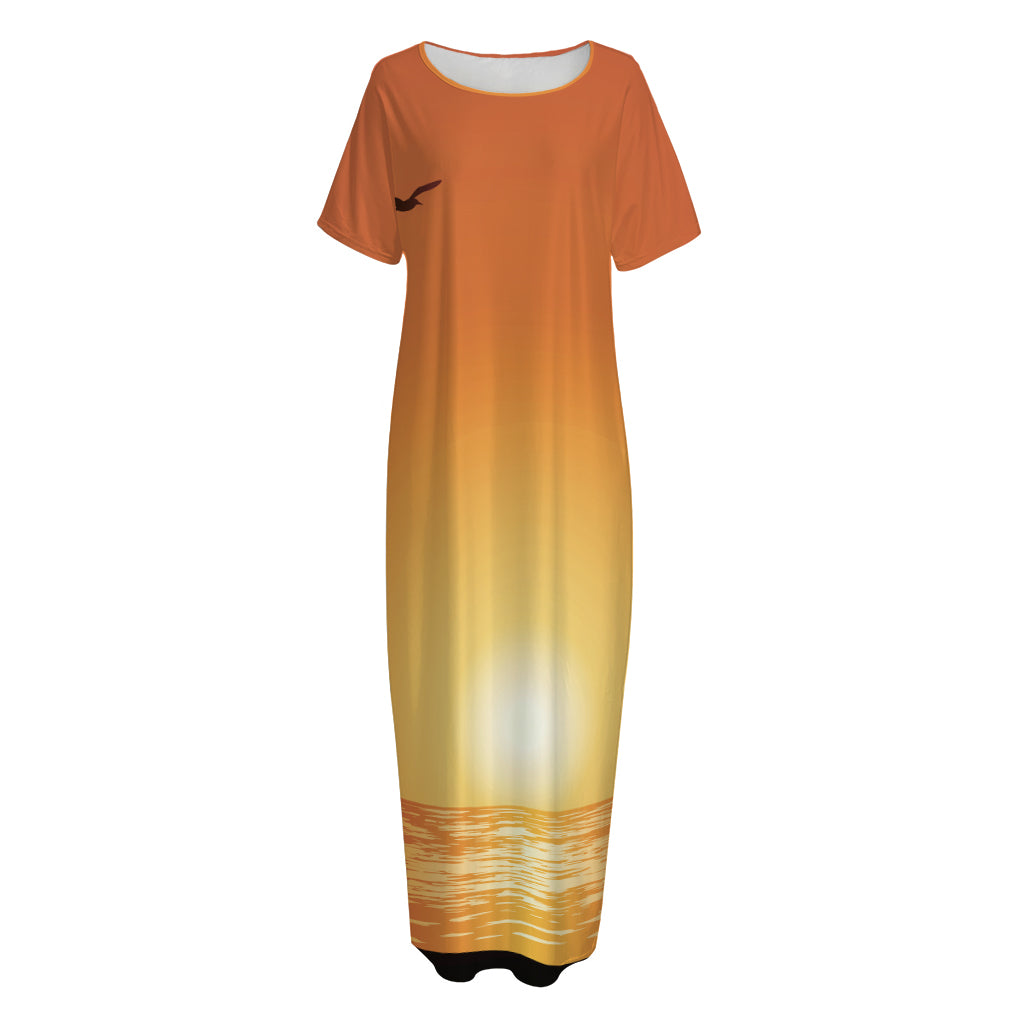 Palm Tree Beach Sunset Print Short Sleeve Long Nightdress