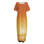 Palm Tree Beach Sunset Print Short Sleeve Long Nightdress
