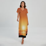Palm Tree Beach Sunset Print Short Sleeve Maxi Dress
