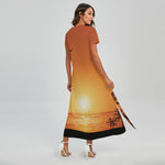 Palm Tree Beach Sunset Print Short Sleeve Maxi Dress