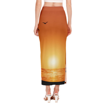 Palm Tree Beach Sunset Print Side Slit Maxi Skirt