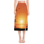 Palm Tree Beach Sunset Print Side Slit Midi Skirt