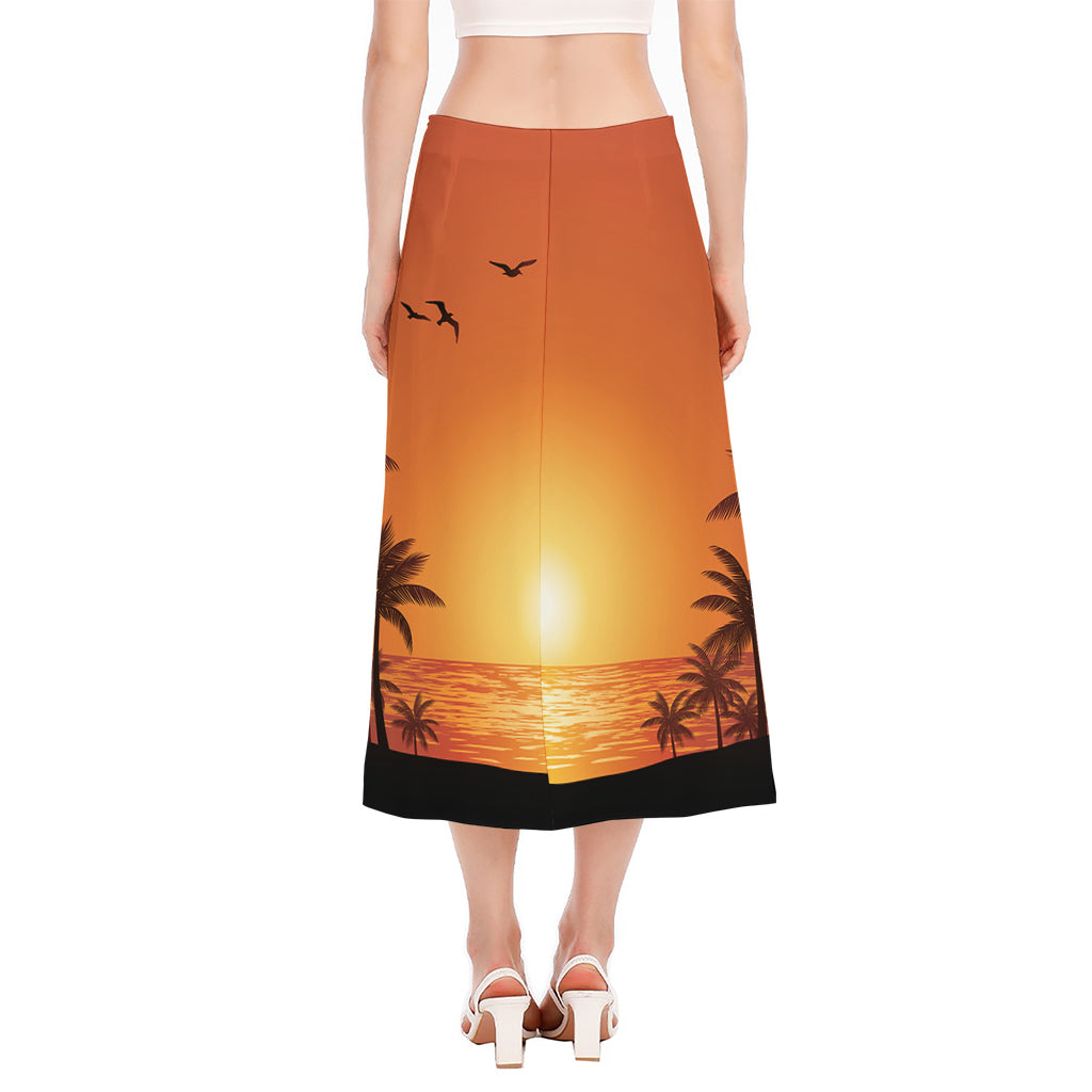 Palm Tree Beach Sunset Print Side Slit Midi Skirt