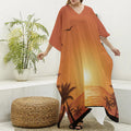 Palm Tree Beach Sunset Print Silk V-Neck Kaftan Dress