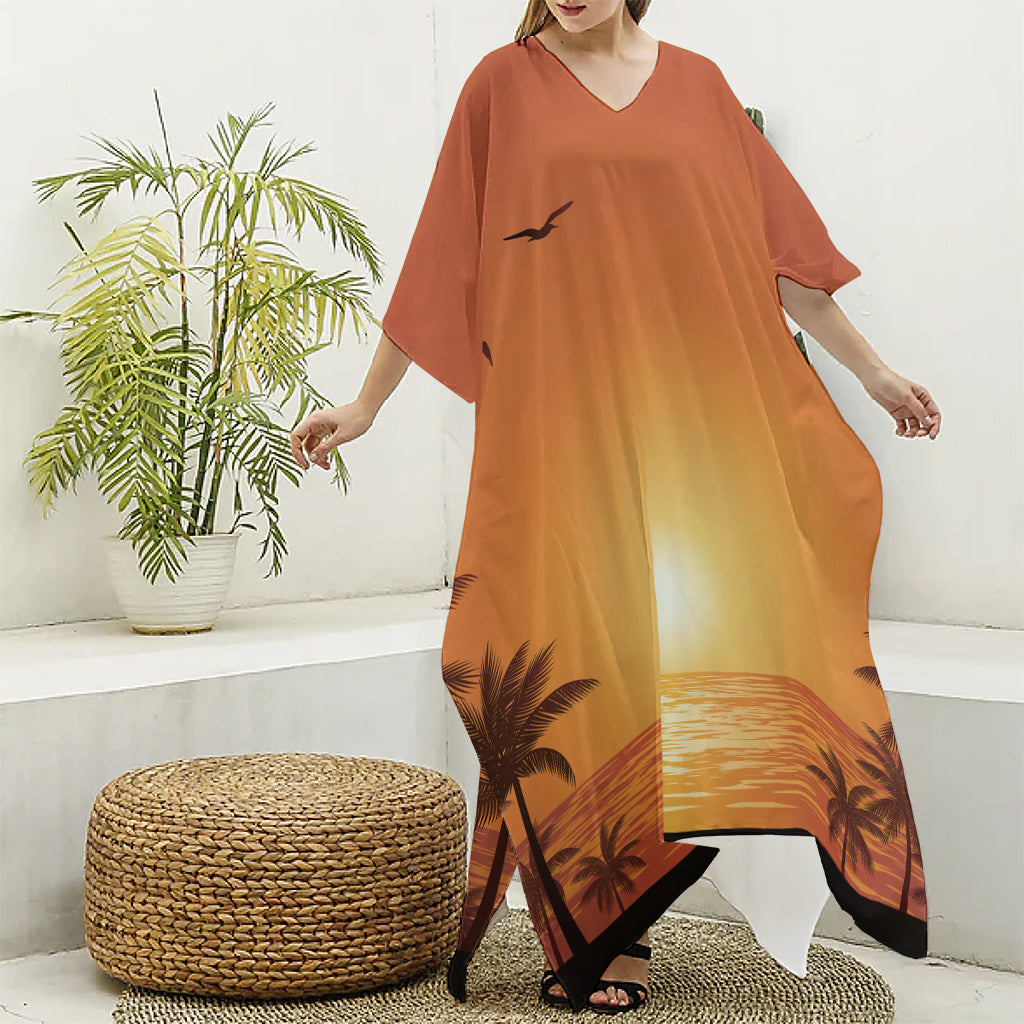 Palm Tree Beach Sunset Print Silk V-Neck Kaftan Dress