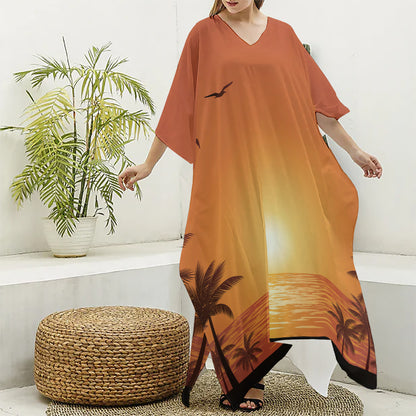 Palm Tree Beach Sunset Print Silk V-Neck Kaftan Dress