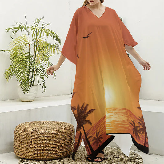 Palm Tree Beach Sunset Print Silk V-Neck Kaftan Dress