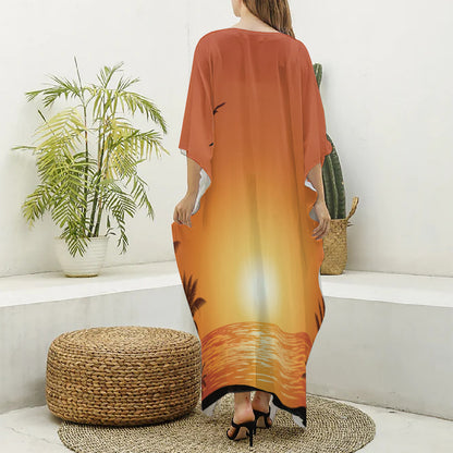 Palm Tree Beach Sunset Print Silk V-Neck Kaftan Dress