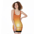 Palm Tree Beach Sunset Print Sleeveless Bodycon Dress