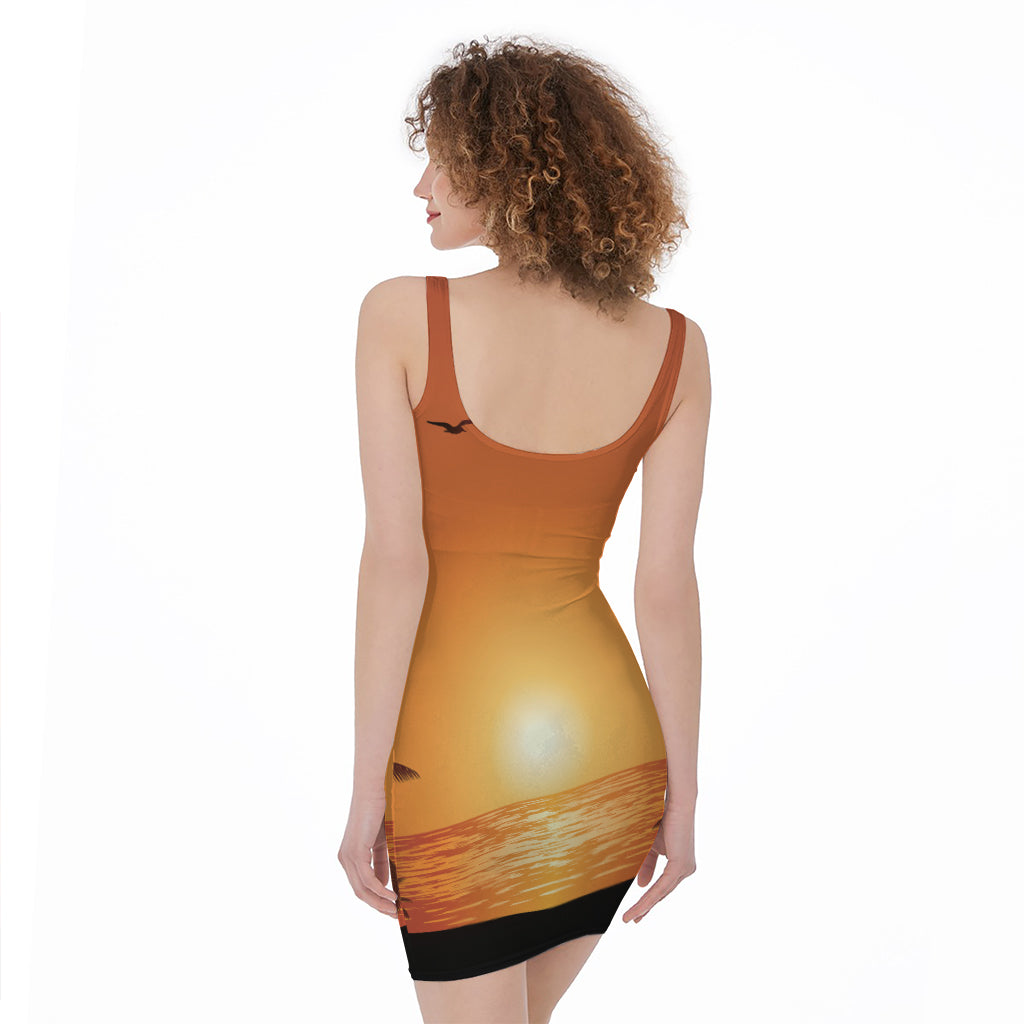 Palm Tree Beach Sunset Print Sleeveless Bodycon Dress