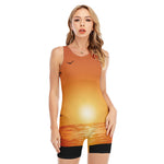 Palm Tree Beach Sunset Print Sleeveless One Piece Swimsuit