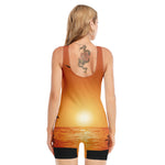 Palm Tree Beach Sunset Print Sleeveless One Piece Swimsuit
