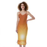 Palm Tree Beach Sunset Print Slim Fit Midi Cami Dress